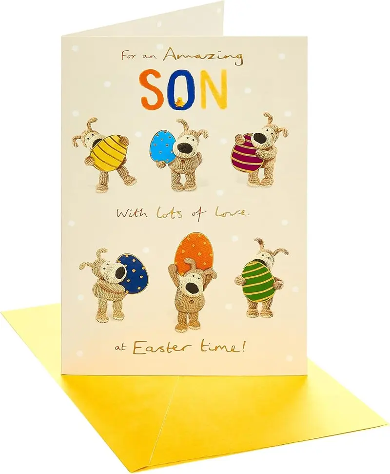 Boofles Holding Eggs Son Easter Card