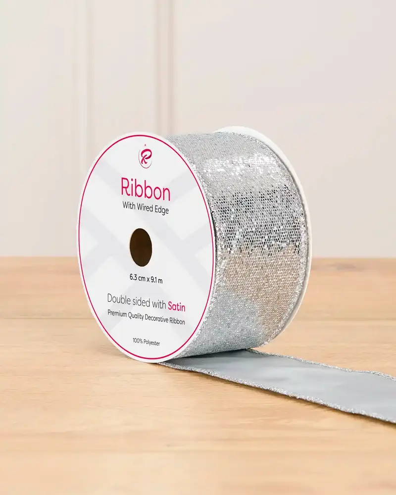 Glitter Sequin Wire Edge Ribbon, Silver, 9 m
