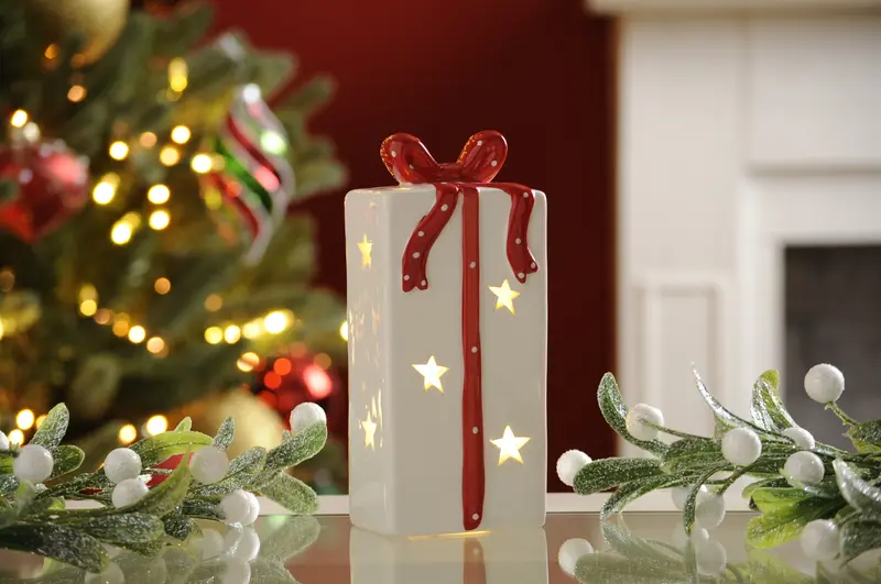 Lit Dolomite White Present with Red Bow - 16cm