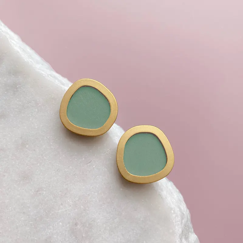 Mint/Gold Circle Stud Earrings