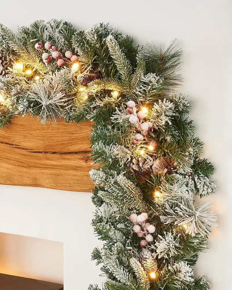 Pre-Lit Multi-Function Extra-Thick Mixed Pine Snow Flocked Garland, 9 ft