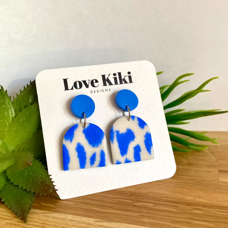 Statement Clay Drop Earrings - blue and white