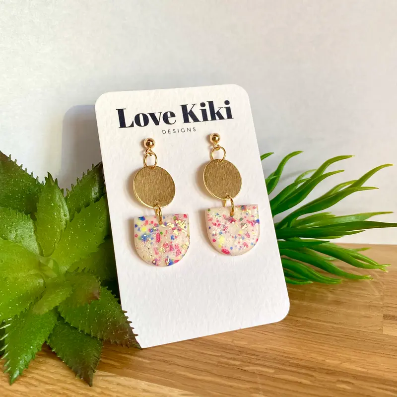 Statement Clay Drop Earrings - confetti and brass