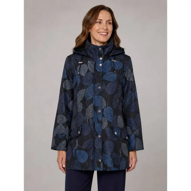 Tigi Leaf Print Long Coat - Blue